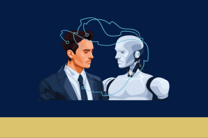 un robot et un humain se faisant face avec des flux de données