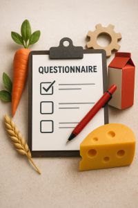 visuel IA sur le questionnaire culture sécurité alimentaire, avec du fromage et une carotte entourant un formulaire