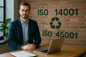 portrait d'un chef d'entreprise à son bureau, avec les mots ISO 14001 et 45001 en arrière plan